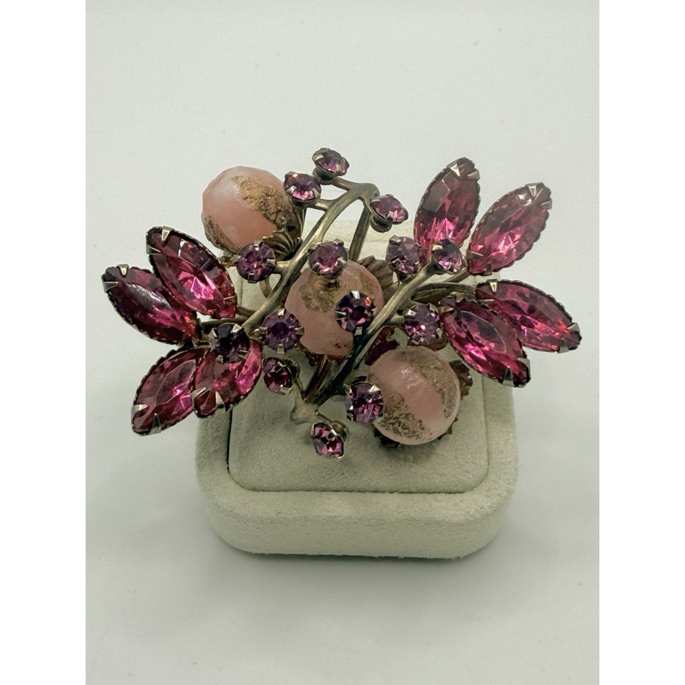 Vintage Pink‎ Rhinestone Brooch Fruit Floral Spray Rivets Gold Tone